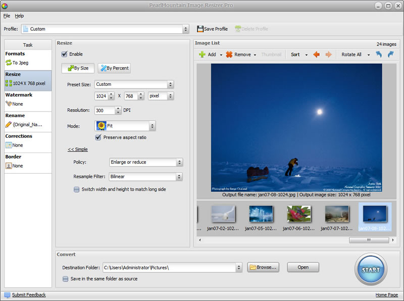 Resize, convert, add watermark to hundreds of images in batch mode.